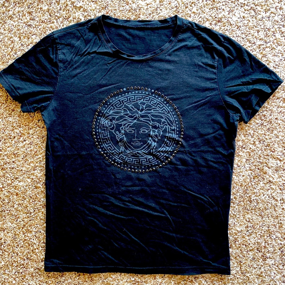 black Short Sleeve T SHIRT CRYSTAL embellished MEDUSA motif Unisex Chest 38"